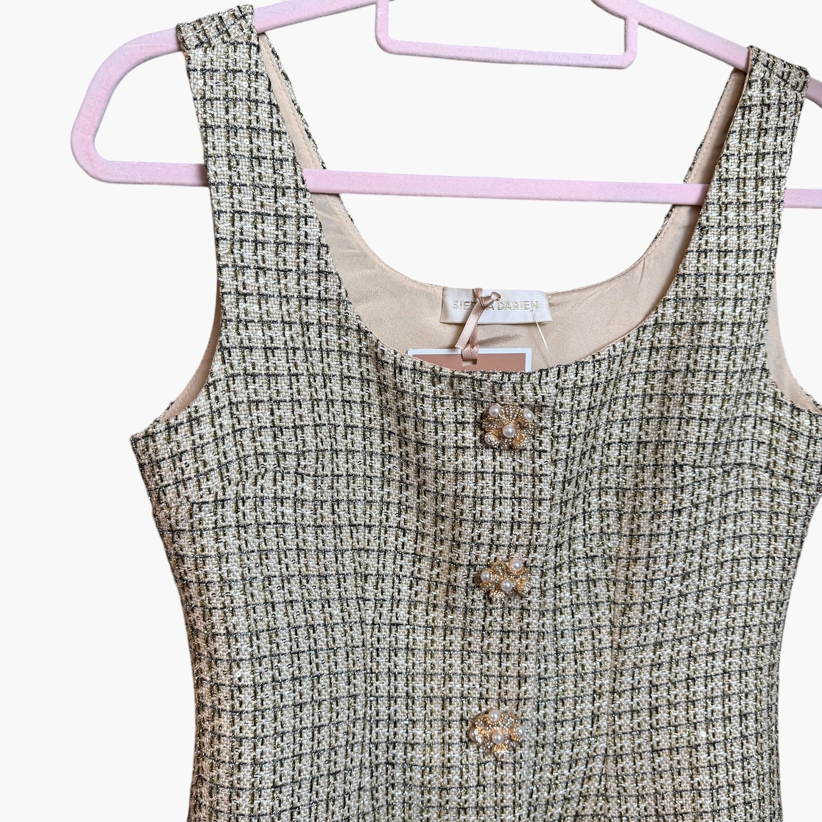 Sierra Darien Tweed Mini Dress Size S Gold Metallic Pearl Button Sleeveless Nwt — image 7 of 8